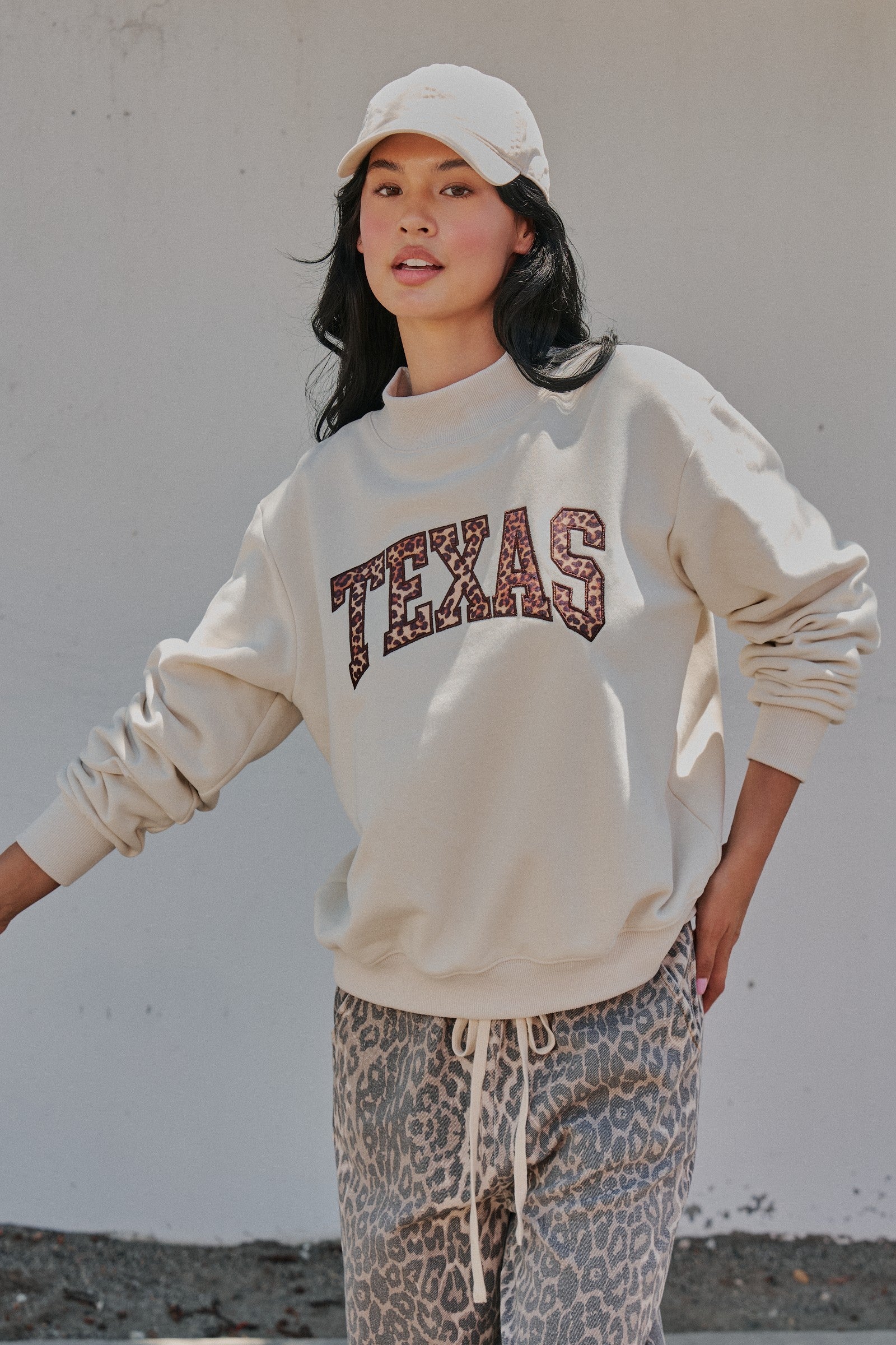 Texas Leopard Mock Neck Sweatshirt in Chalk - Women's Sweatshirts & Hoodies | Urban Daizy