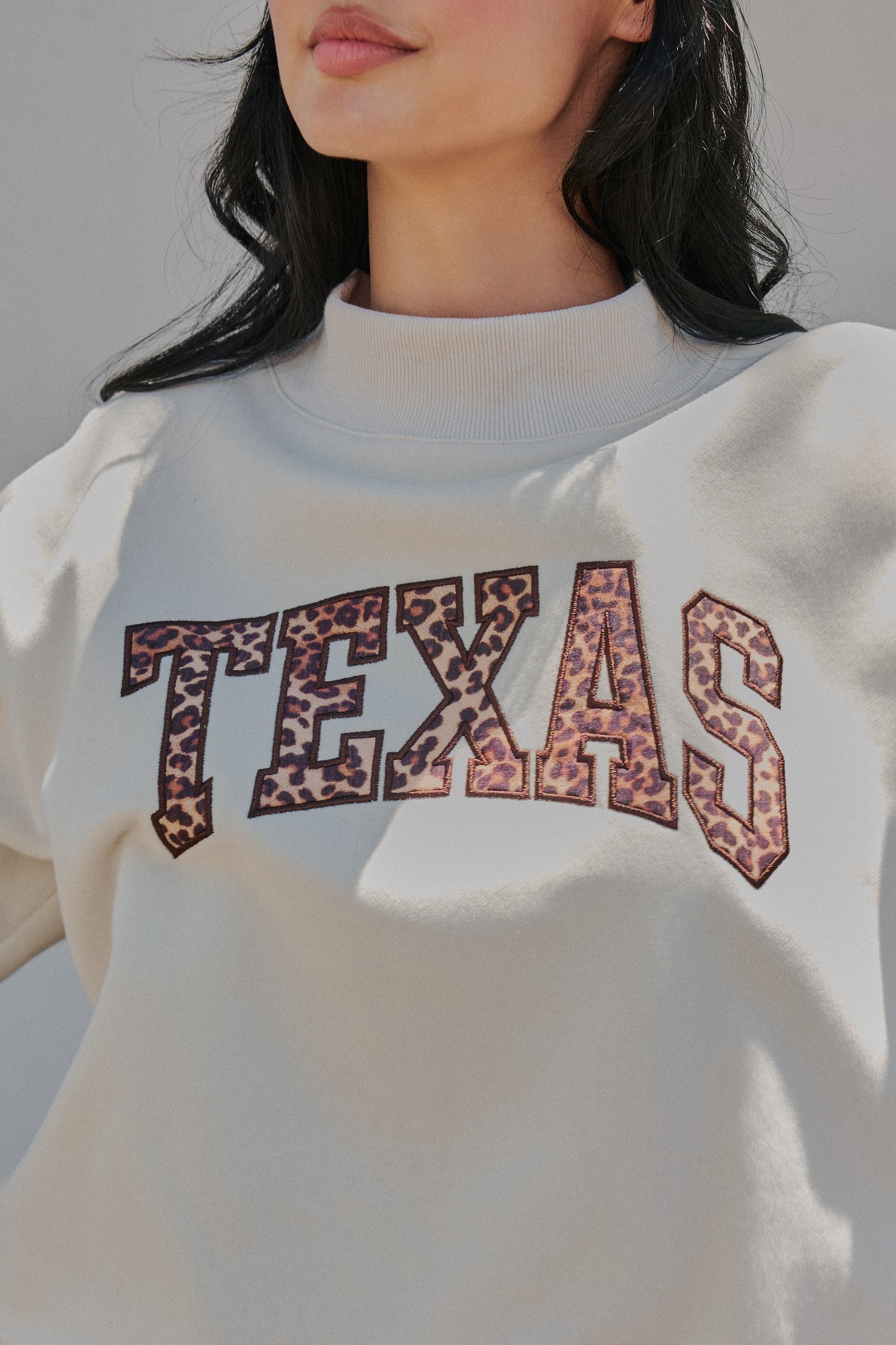 Texas Leopard Mock Neck Sweatshirt in Chalk - Women's Sweatshirts & Hoodies | Urban Daizy