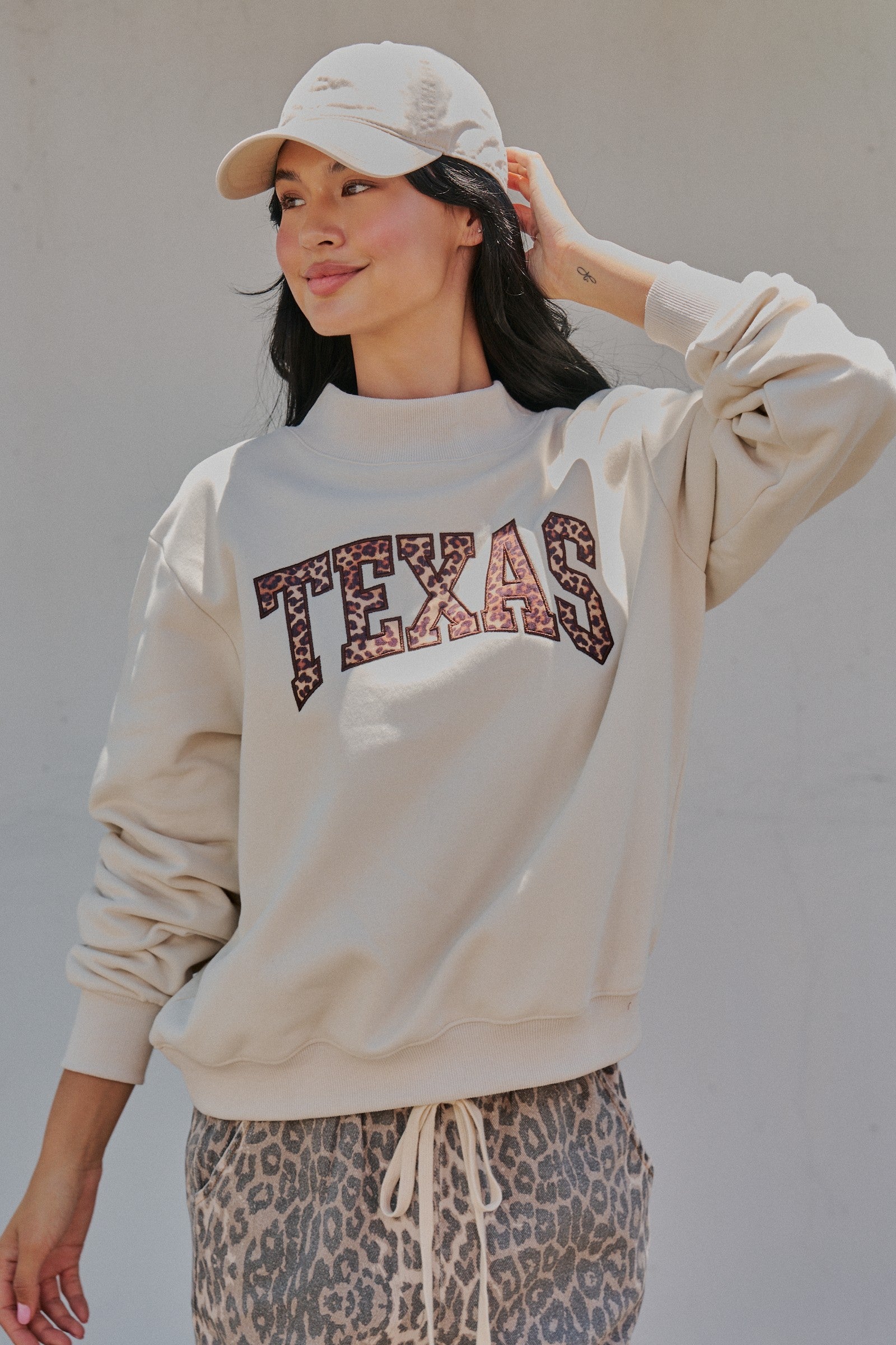 Texas Leopard Mock Neck Sweatshirt in Chalk - Women's Sweatshirts & Hoodies | Urban Daizy