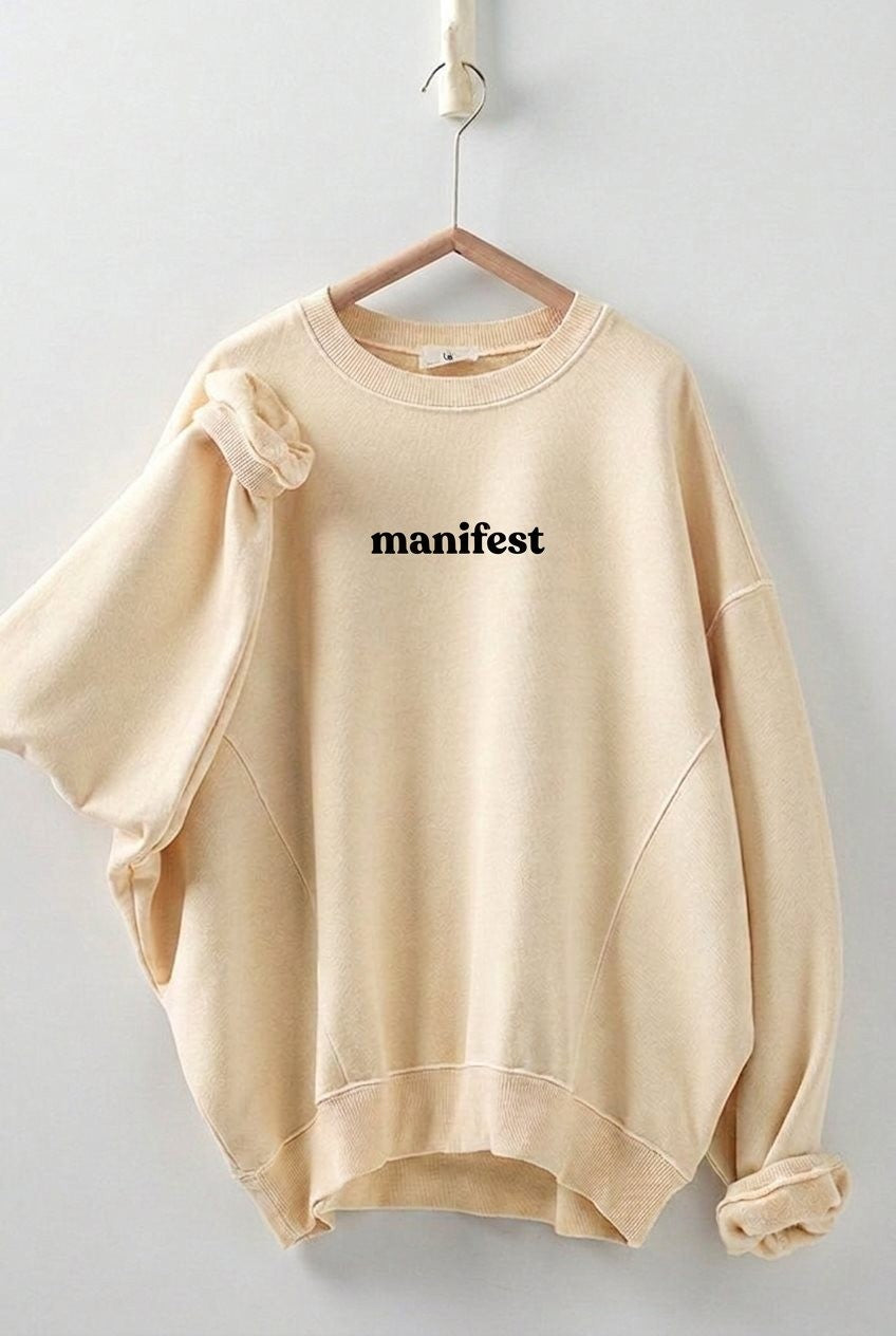 Oversized Affirmation Graphic Pigment Wash Crewneck in Chalk - Women's Sweatshirts & Hoodies | Urban Daizy