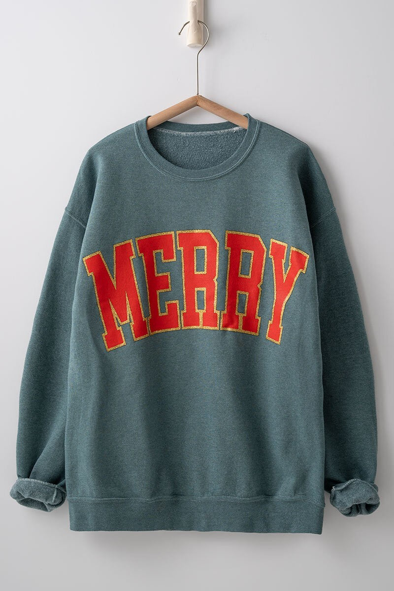 Merry Glitter Graphic Oversized Crewneck in Green - Women's Sweatshirts & Hoodies | Urban Daizy