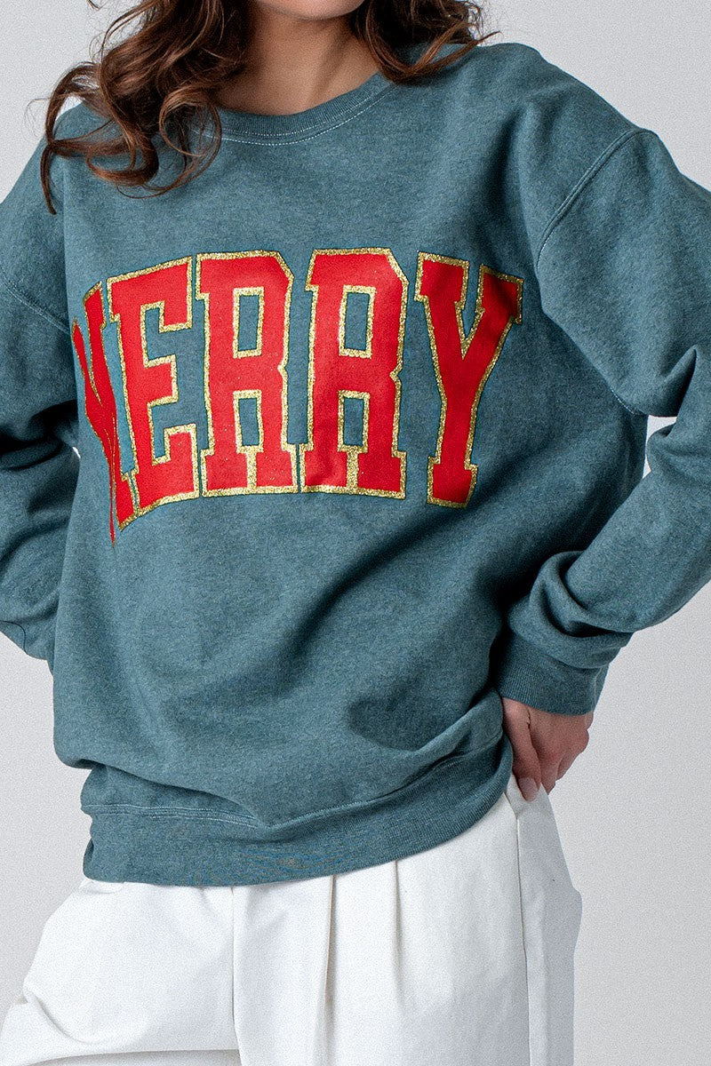 Merry Glitter Graphic Oversized Crewneck in Green - Women's Sweatshirts & Hoodies | Urban Daizy
