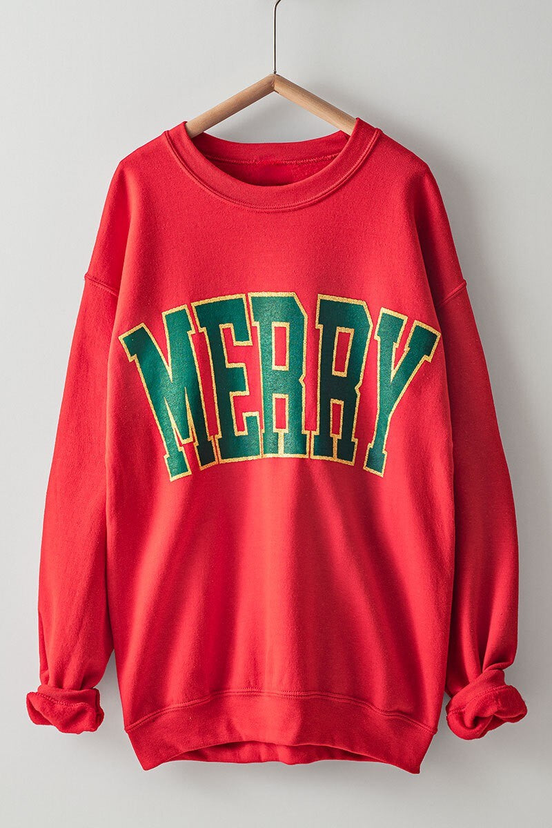Merry Glitter Graphic Oversized Crewneck in Red - Women's Sweatshirts & Hoodies | Urban Daizy