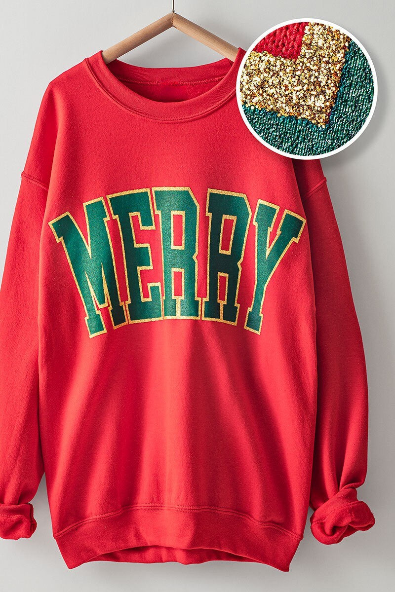 Merry Glitter Graphic Oversized Crewneck in Red - Women's Sweatshirts & Hoodies | Urban Daizy