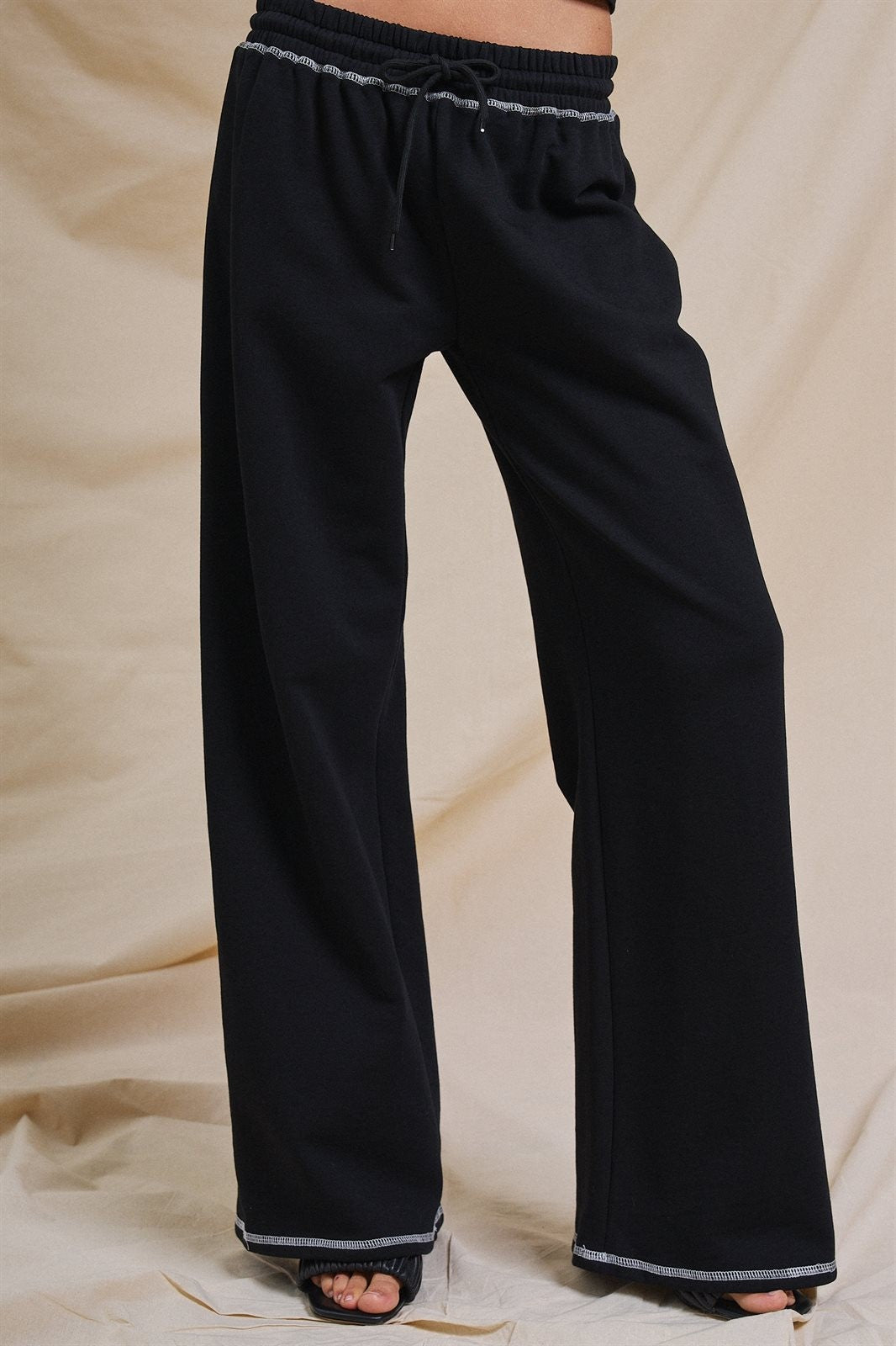 Cotton Wide-Leg Sweatpants with Contrast Stitching in Black - Women's Fashion | Urban Daizy