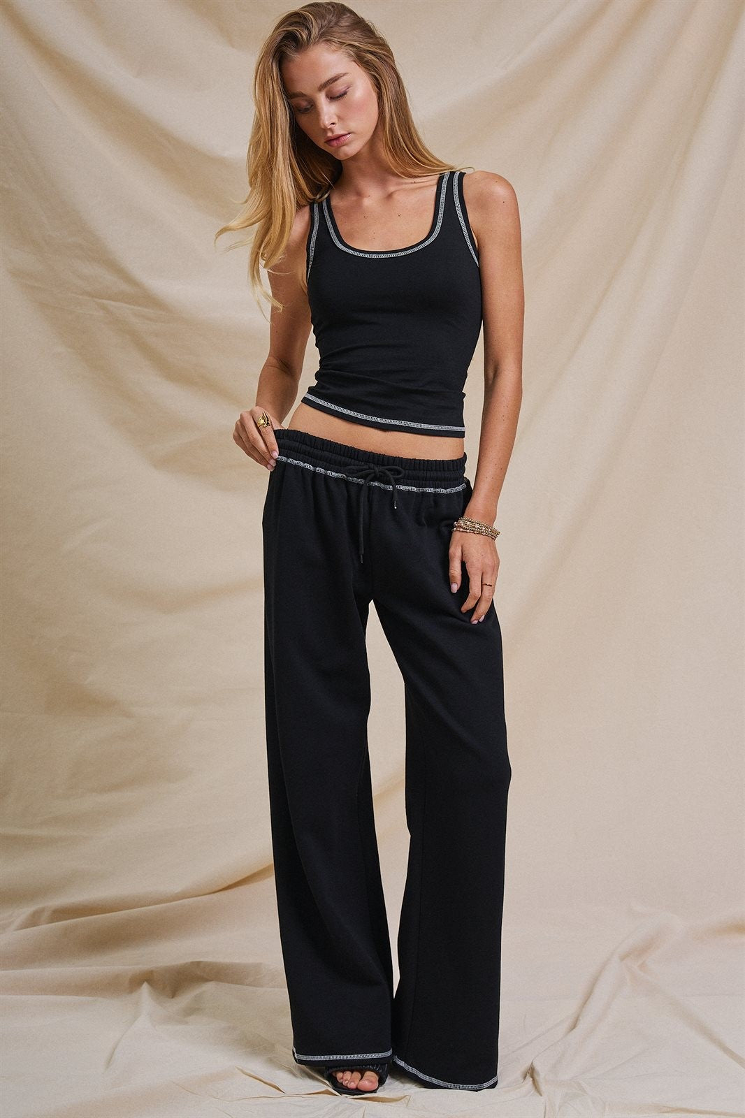 Cotton Wide-Leg Sweatpants with Contrast Stitching in Black - Women's Fashion | Urban Daizy