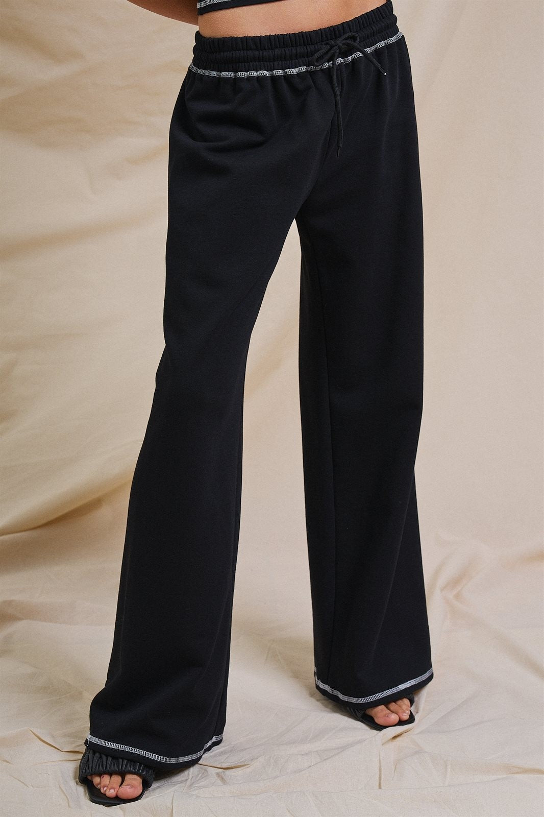 Cotton Wide-Leg Sweatpants with Contrast Stitching in Black - Women's Fashion | Urban Daizy