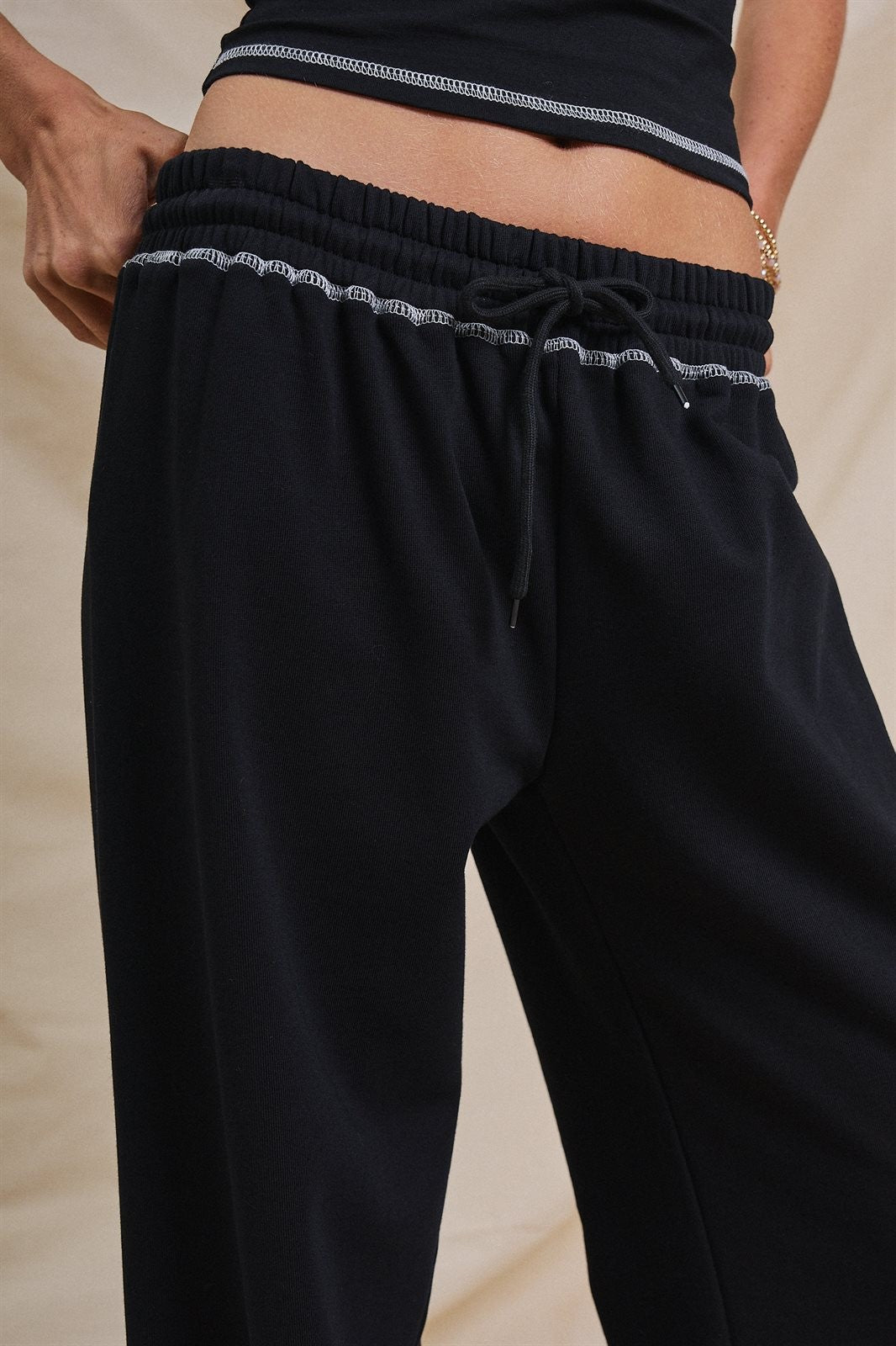 Cotton Wide-Leg Sweatpants with Contrast Stitching in Black - Women's Fashion | Urban Daizy