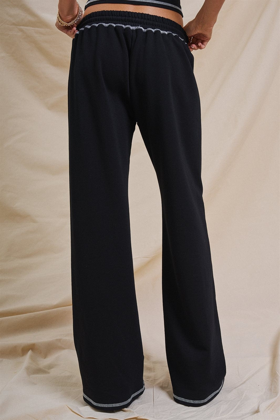 Cotton Wide-Leg Sweatpants with Contrast Stitching in Black - Women's Fashion | Urban Daizy