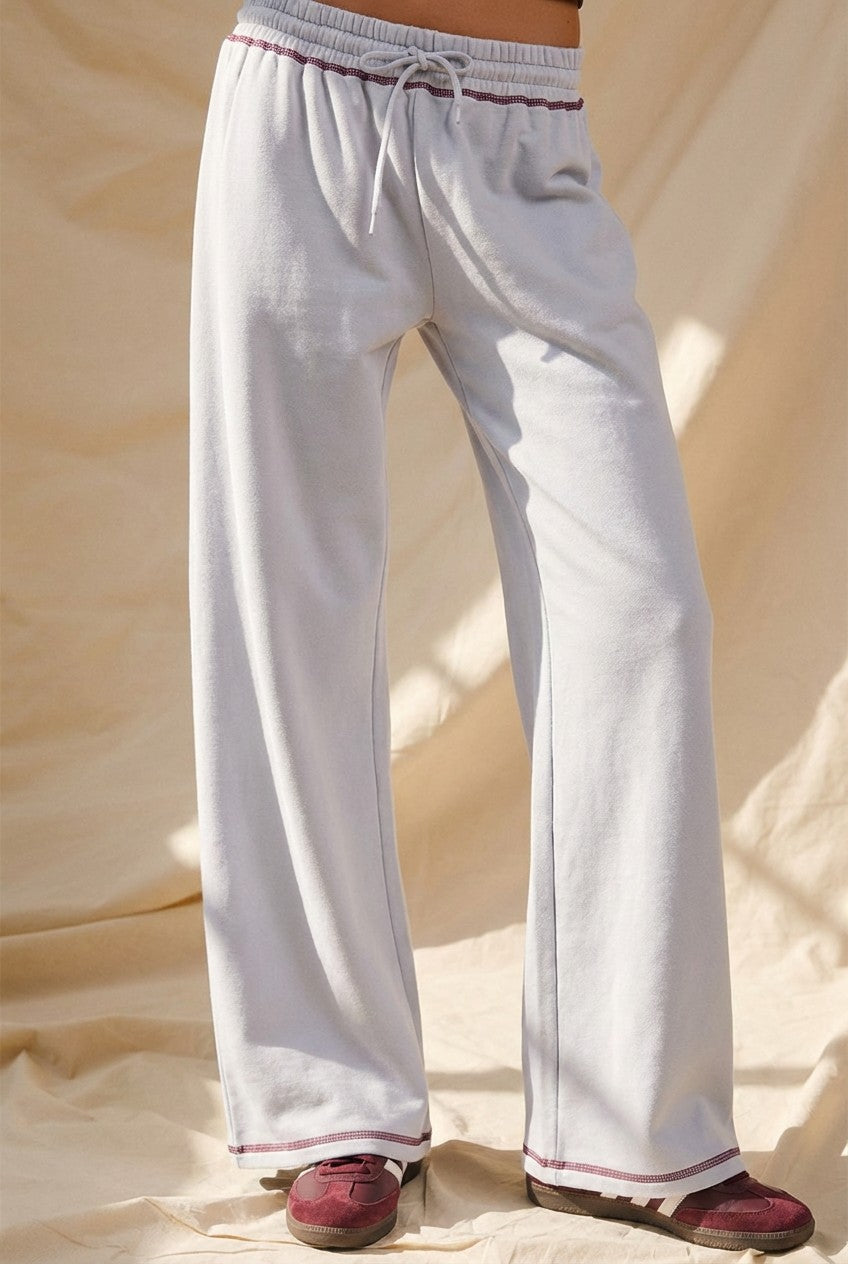 Cotton Wide-Leg Sweatpants with Contrast Stitching in Chalk - Women's Fashion | Urban Daizy