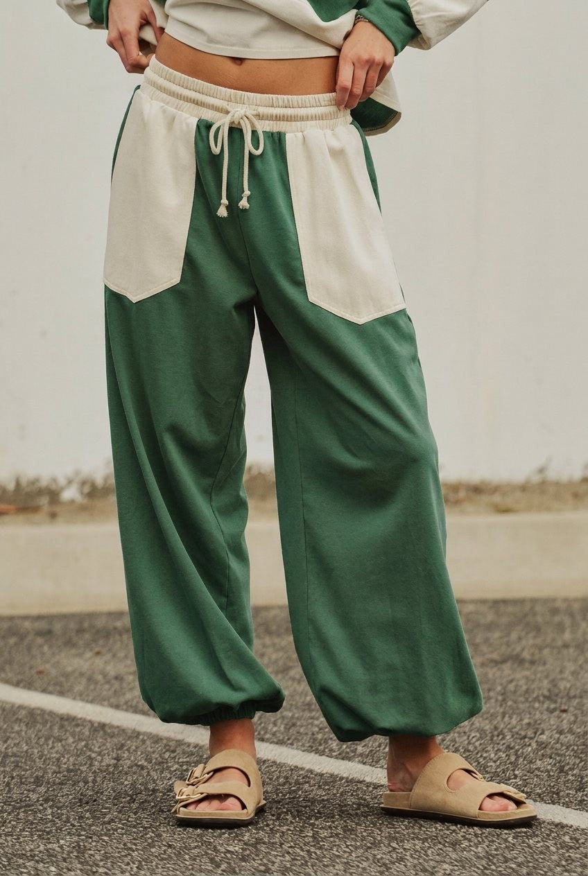 Color Block French Terry Drawstring Joggers in Green - Women's Fashion | Urban Daizy