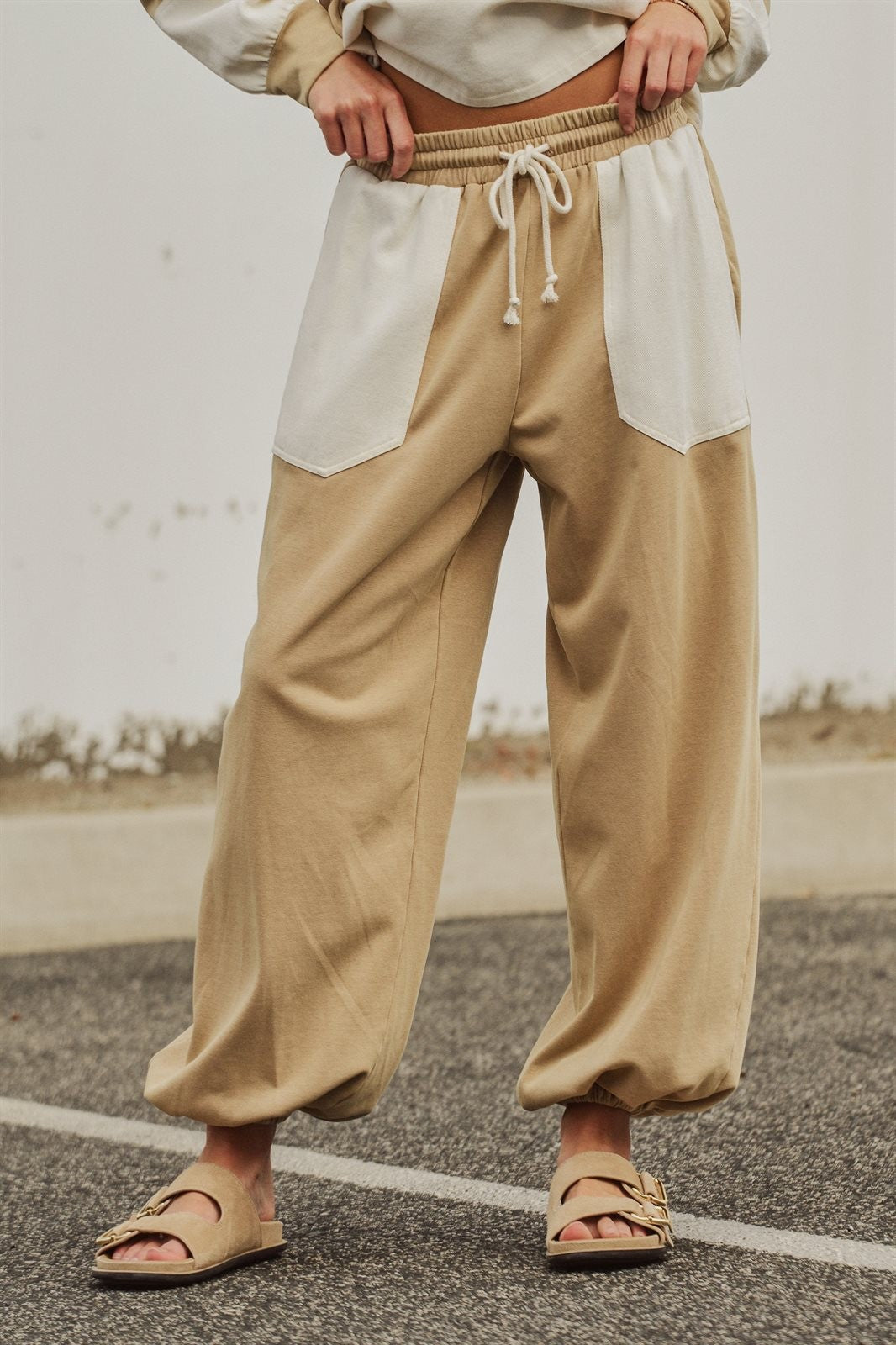 Color Block French Terry Drawstring Joggers in Ivory Taupe - Women's Fashion | Urban Daizy
