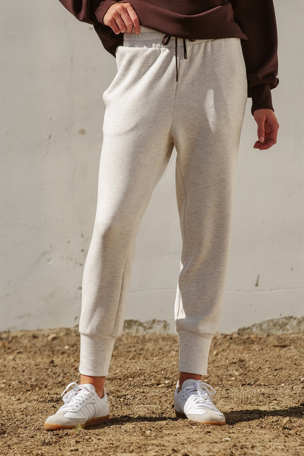 Scuba Knit High Rise Tapered Joggers in White Melange - Women's Fashion | Urban Daizy