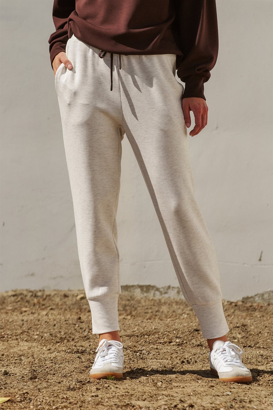 Scuba Knit High Rise Tapered Joggers in White Melange - Women's Fashion | Urban Daizy