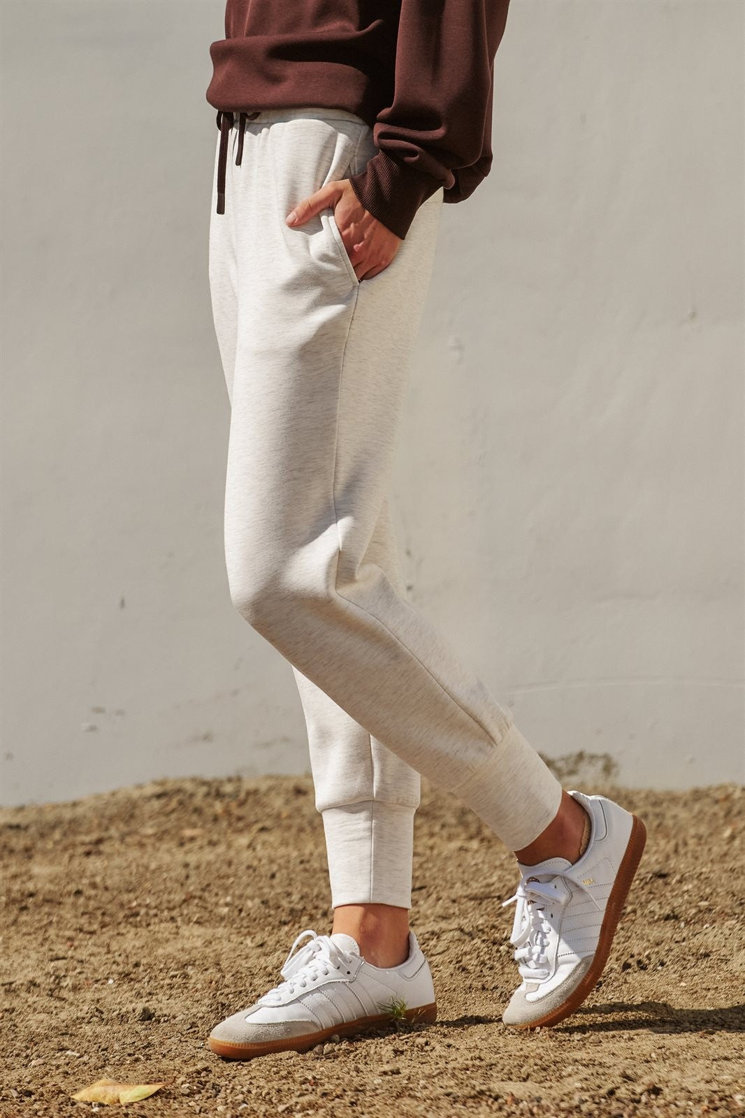 Scuba Knit High Rise Tapered Joggers in White Melange - Women's Fashion | Urban Daizy