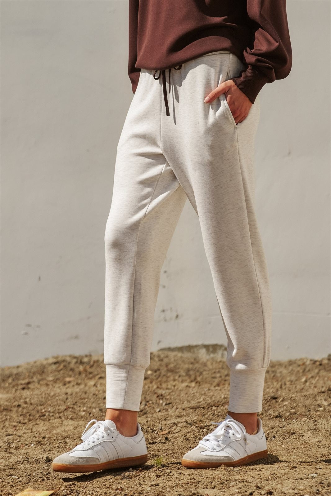 Scuba Knit High Rise Tapered Joggers in White Melange - Women's Fashion | Urban Daizy