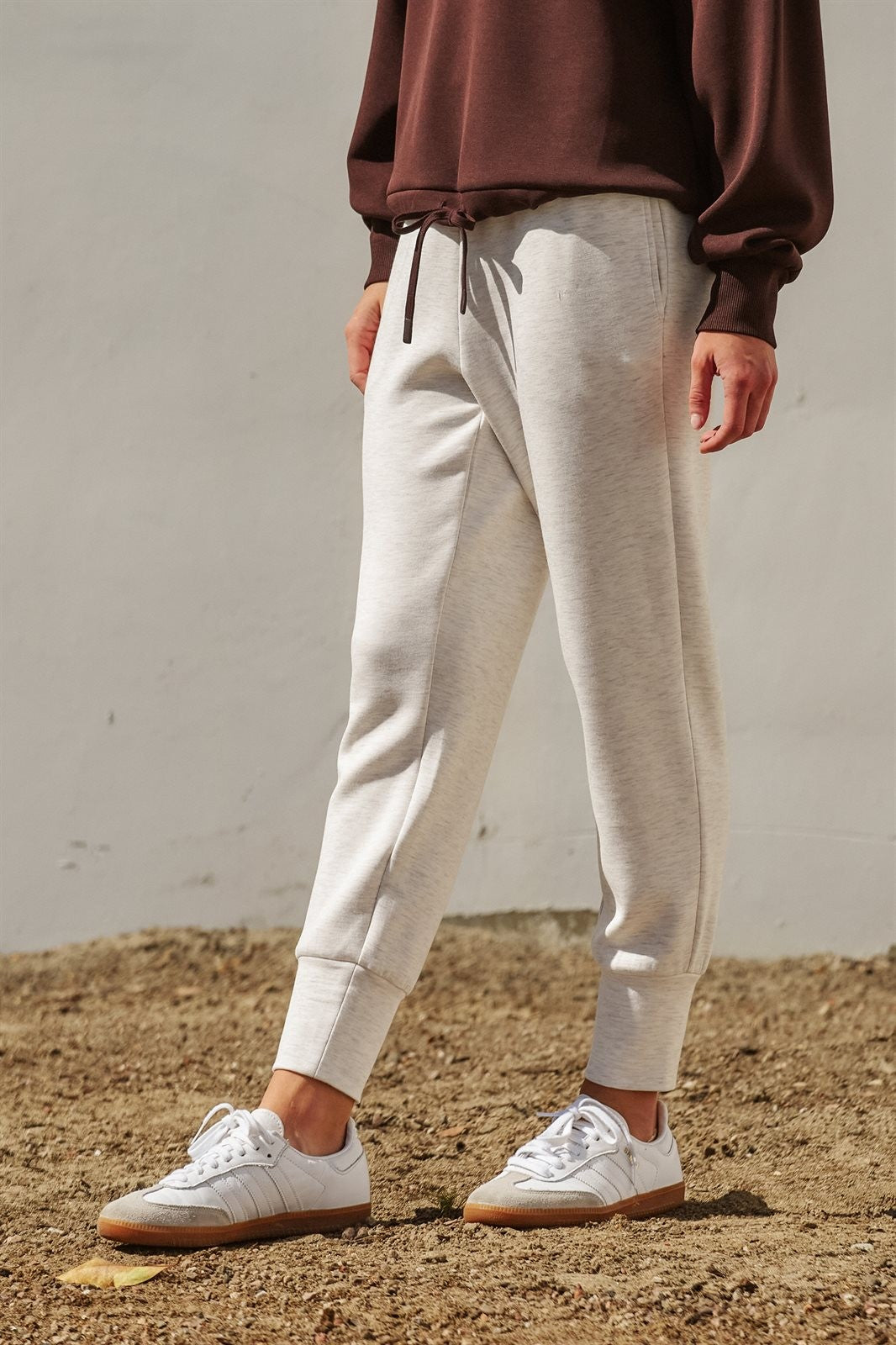 Scuba Knit High Rise Tapered Joggers in White Melange - Women's Fashion | Urban Daizy