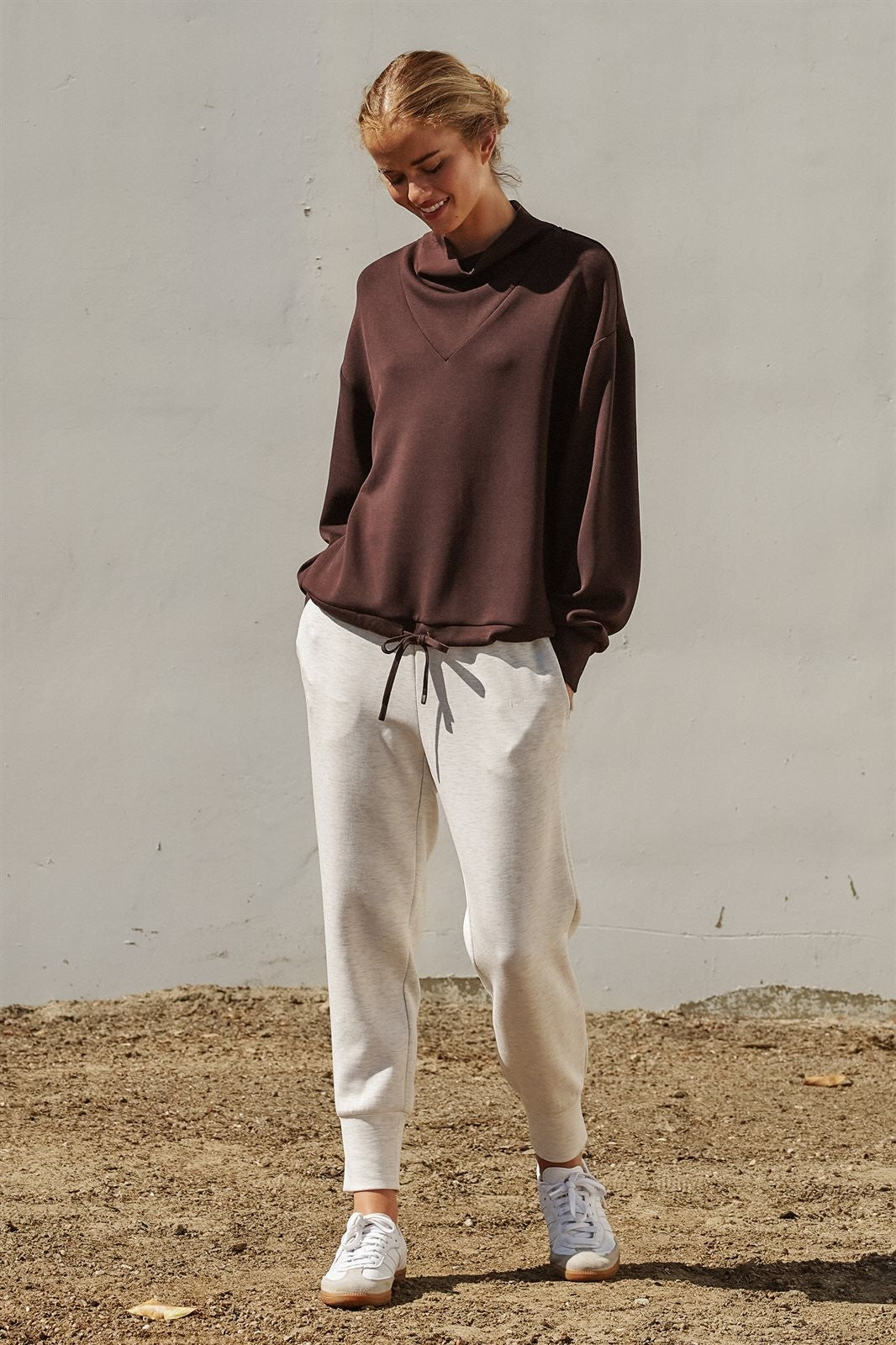Scuba Knit High Rise Tapered Joggers in White Melange - Women's Fashion | Urban Daizy