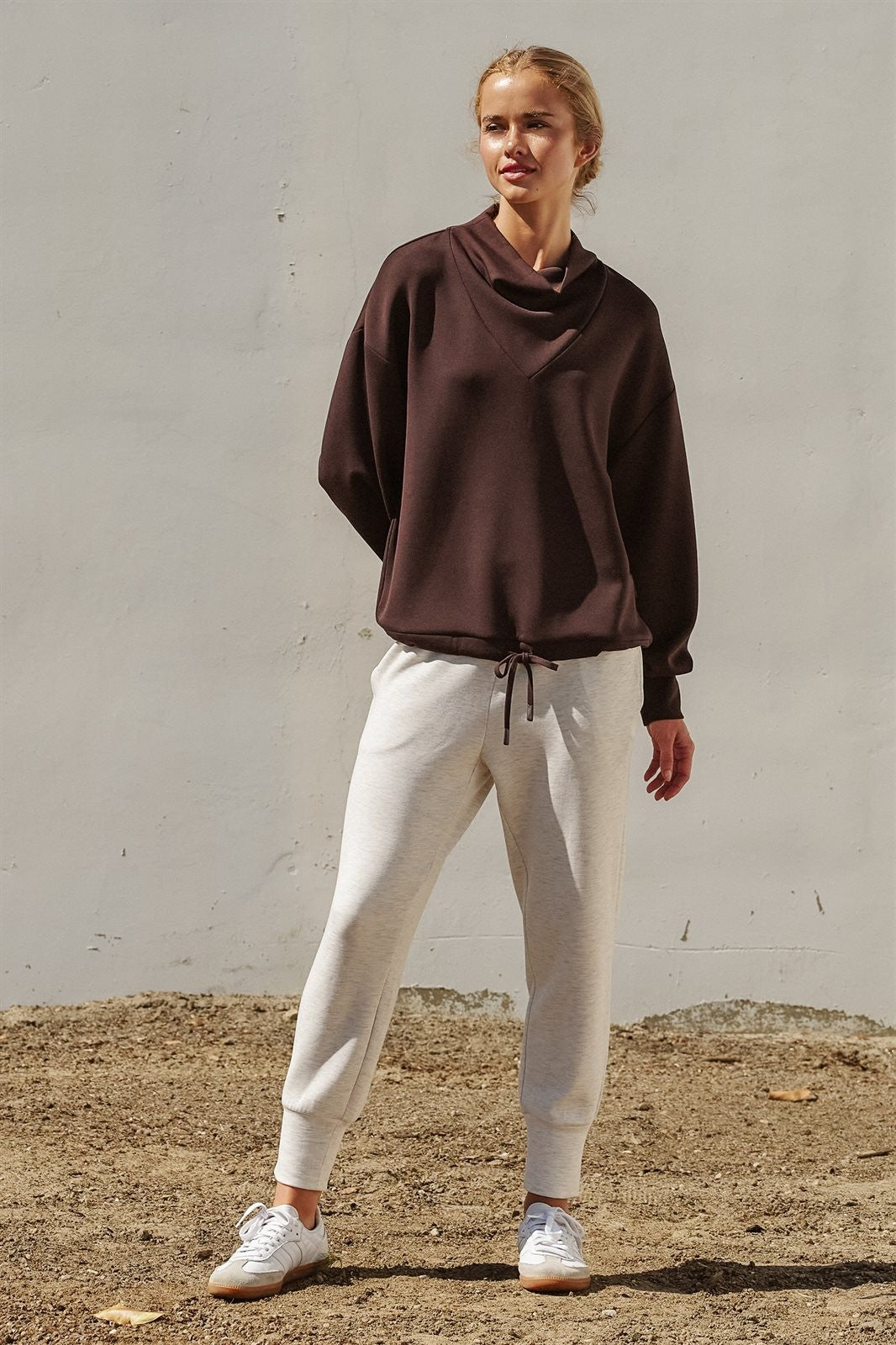 Scuba Knit High Rise Tapered Joggers in White Melange - Women's Fashion | Urban Daizy