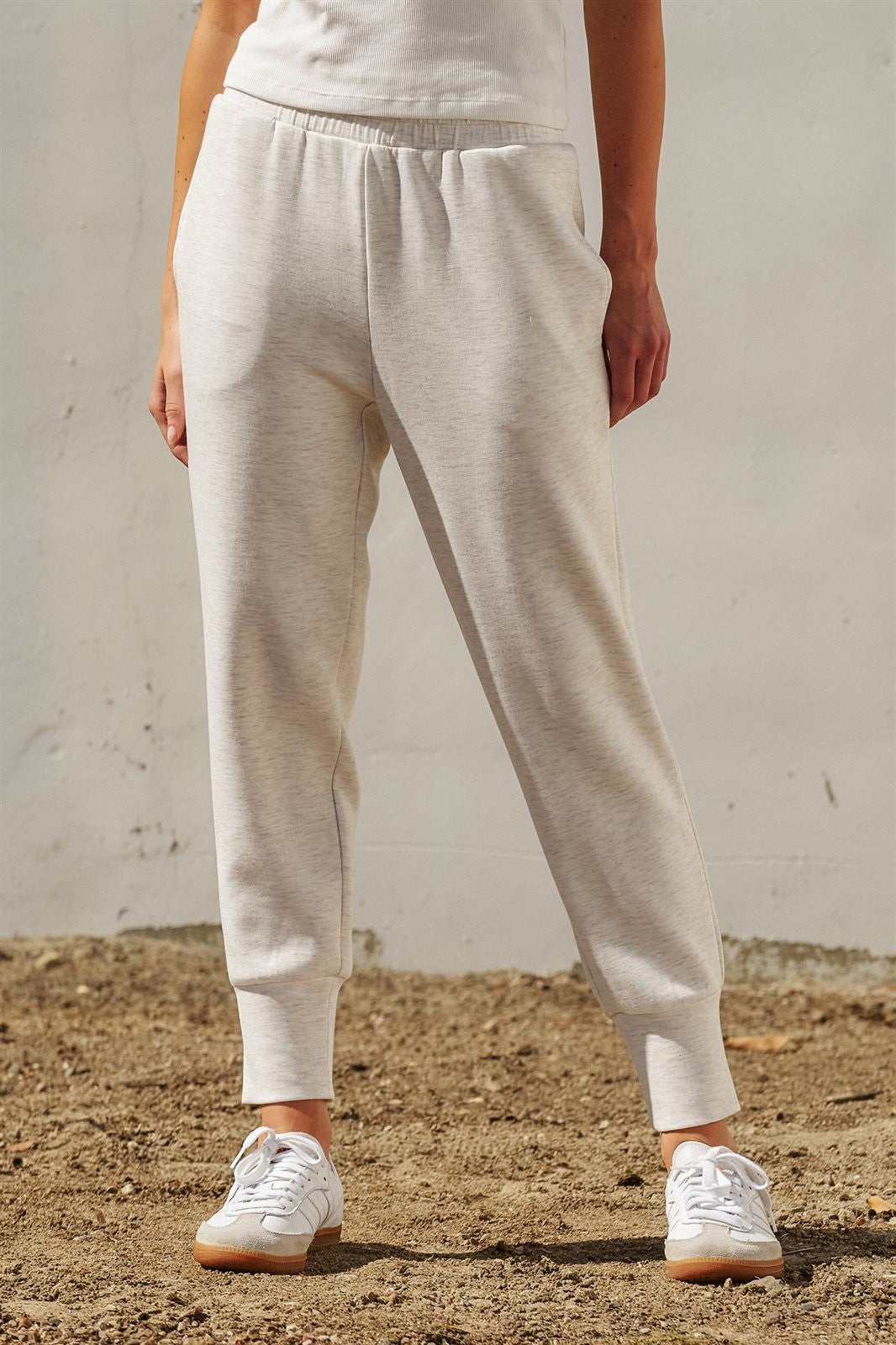 Scuba Knit High Rise Tapered Joggers in White Melange - Women's Fashion | Urban Daizy