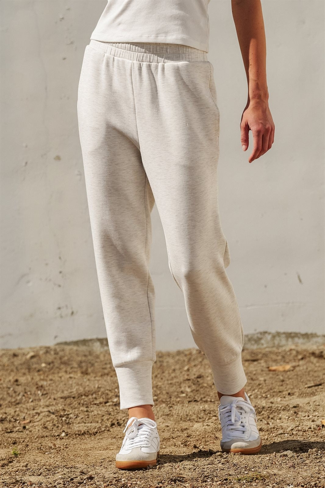 Scuba Knit High Rise Tapered Joggers in White Melange - Women's Fashion | Urban Daizy