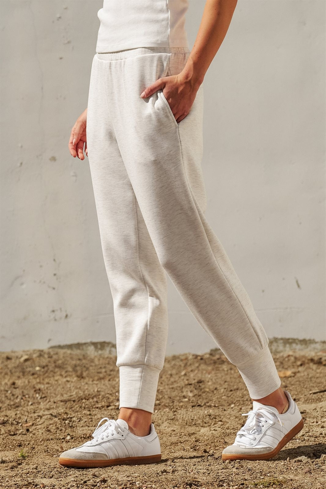 Scuba Knit High Rise Tapered Joggers in White Melange - Women's Fashion | Urban Daizy