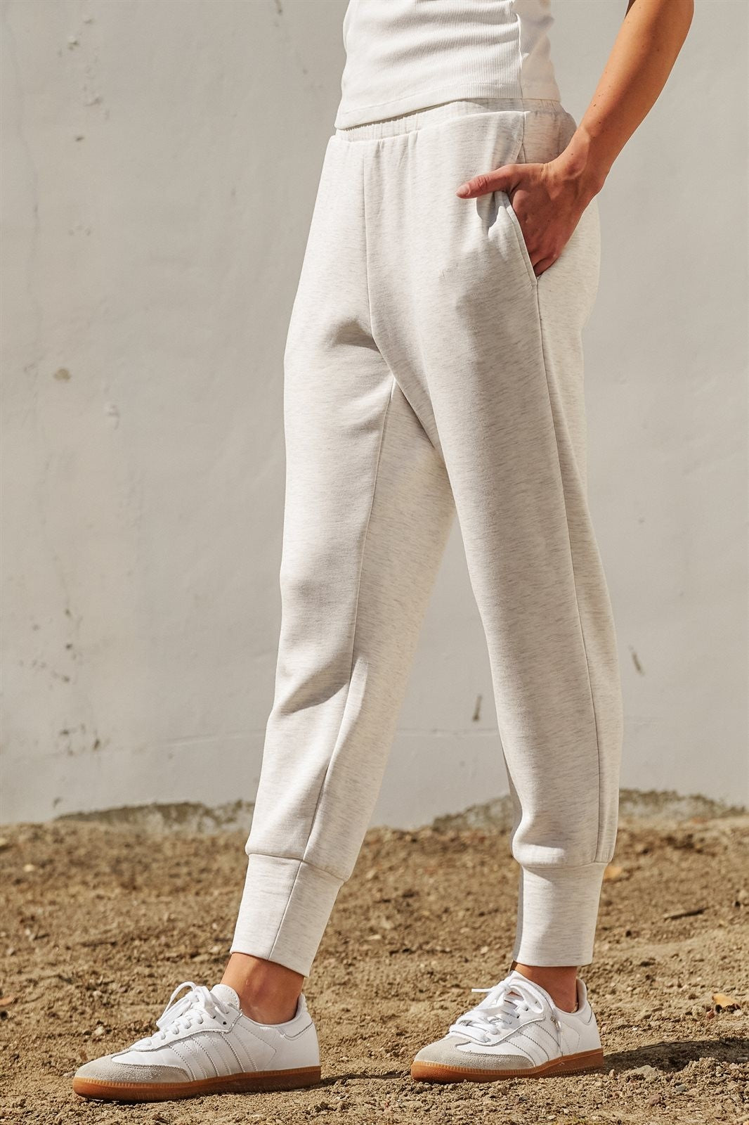 Scuba Knit High Rise Tapered Joggers in White Melange - Women's Fashion | Urban Daizy