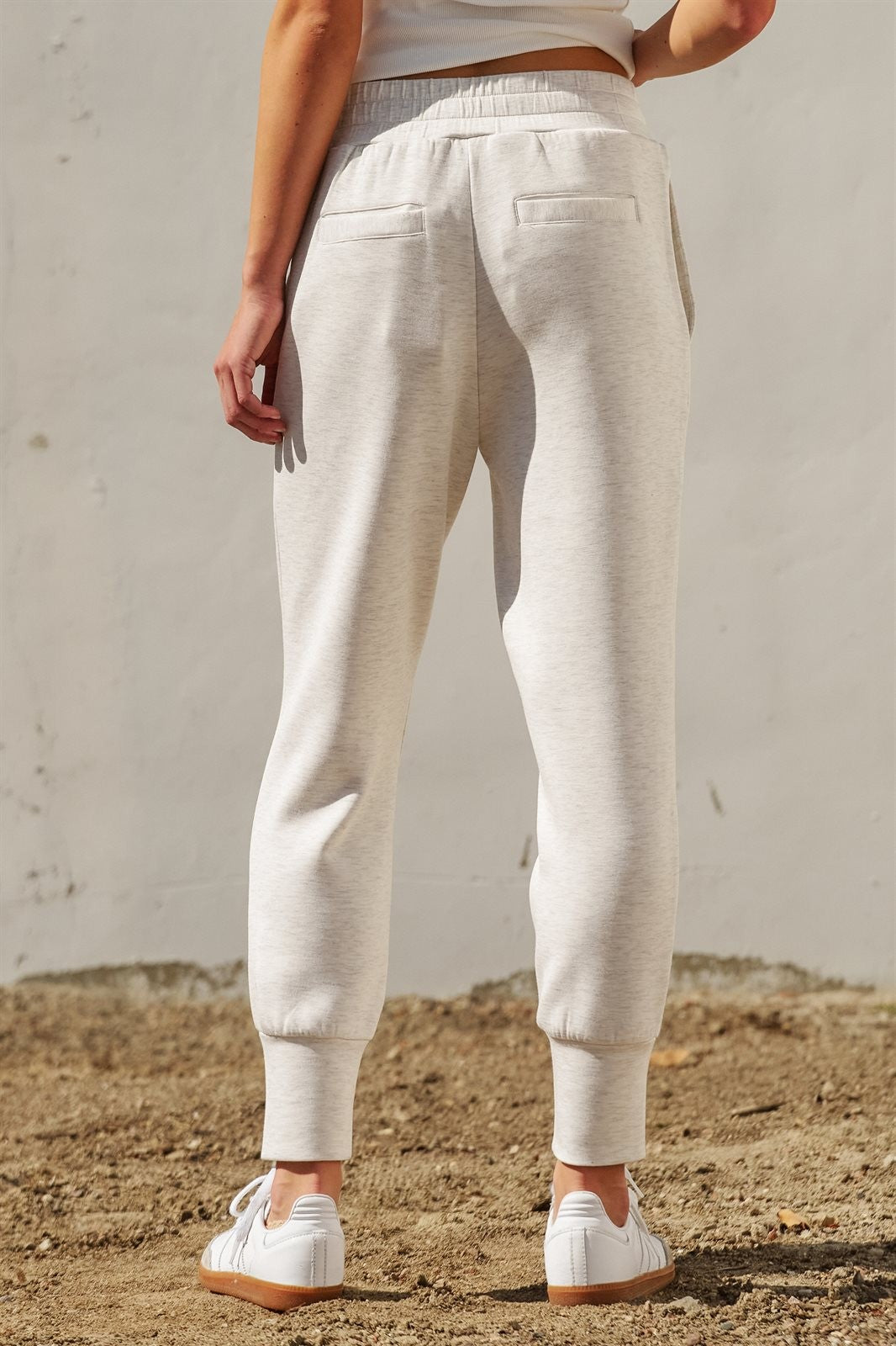 Scuba Knit High Rise Tapered Joggers in White Melange - Women's Fashion | Urban Daizy