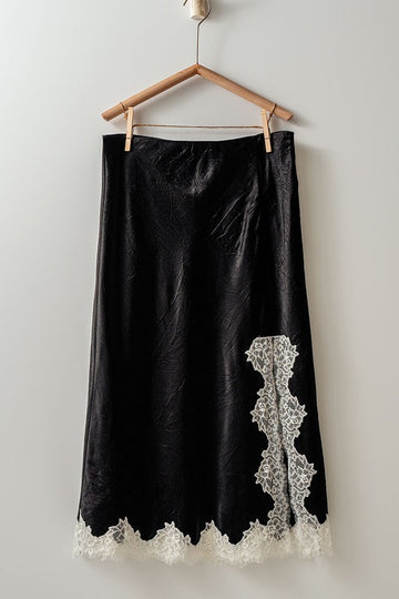 Black Satin Midi Skirt with Lace Trim Cutout