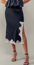 Black Satin Midi Skirt with Lace Trim Cutout in Black - Women's Midi Skirts | Urban Daizy