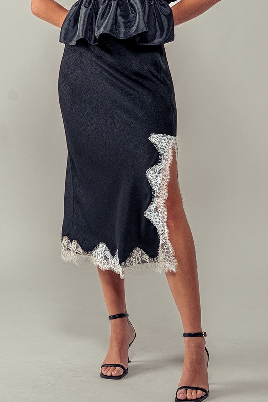 Black Satin Midi Skirt with Lace Trim Cutout in Black - Women's Midi Skirts | Urban Daizy