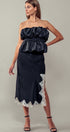 Black Satin Midi Skirt with Lace Trim Cutout in Black - Women's Midi Skirts | Urban Daizy