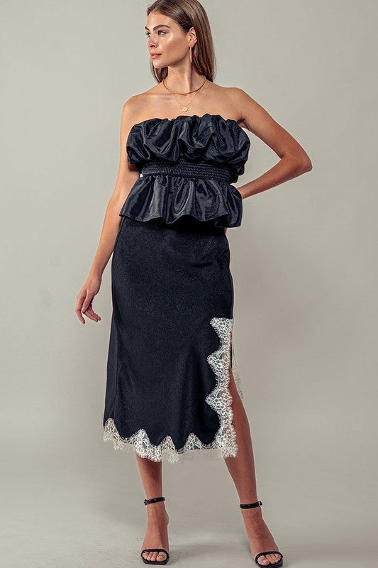 Black Satin Midi Skirt with Lace Trim Cutout in Black - Women's Midi Skirts | Urban Daizy