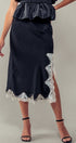 Black Satin Midi Skirt with Lace Trim Cutout in Black - Women's Midi Skirts | Urban Daizy