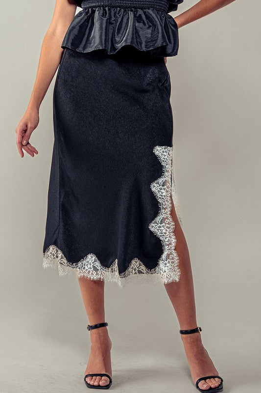 Black Satin Midi Skirt with Lace Trim Cutout in Black - Women's Midi Skirts | Urban Daizy
