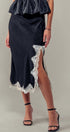 Black Satin Midi Skirt with Lace Trim Cutout in Black - Women's Midi Skirts | Urban Daizy