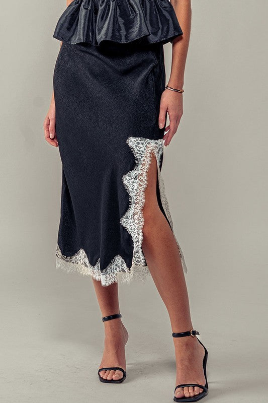 Black Satin Midi Skirt with Lace Trim Cutout in Black - Women's Midi Skirts | Urban Daizy