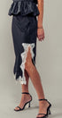 Black Satin Midi Skirt with Lace Trim Cutout in Black - Women's Midi Skirts | Urban Daizy