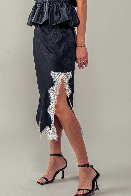 Black Satin Midi Skirt with Lace Trim Cutout in Black - Women's Midi Skirts | Urban Daizy