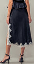 Black Satin Midi Skirt with Lace Trim Cutout in Black - Women's Midi Skirts | Urban Daizy