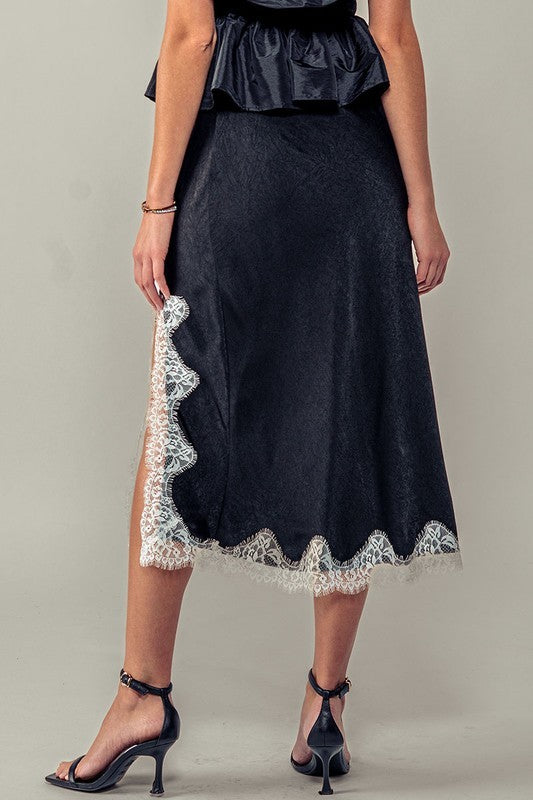 Black Satin Midi Skirt with Lace Trim Cutout in Black - Women's Midi Skirts | Urban Daizy