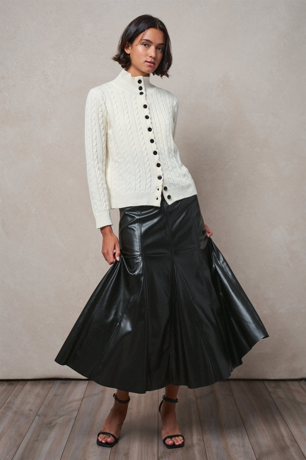 Faux Leather Paneled Flare Midi Skirt in Black - Women's Midi Skirts | Urban Daizy