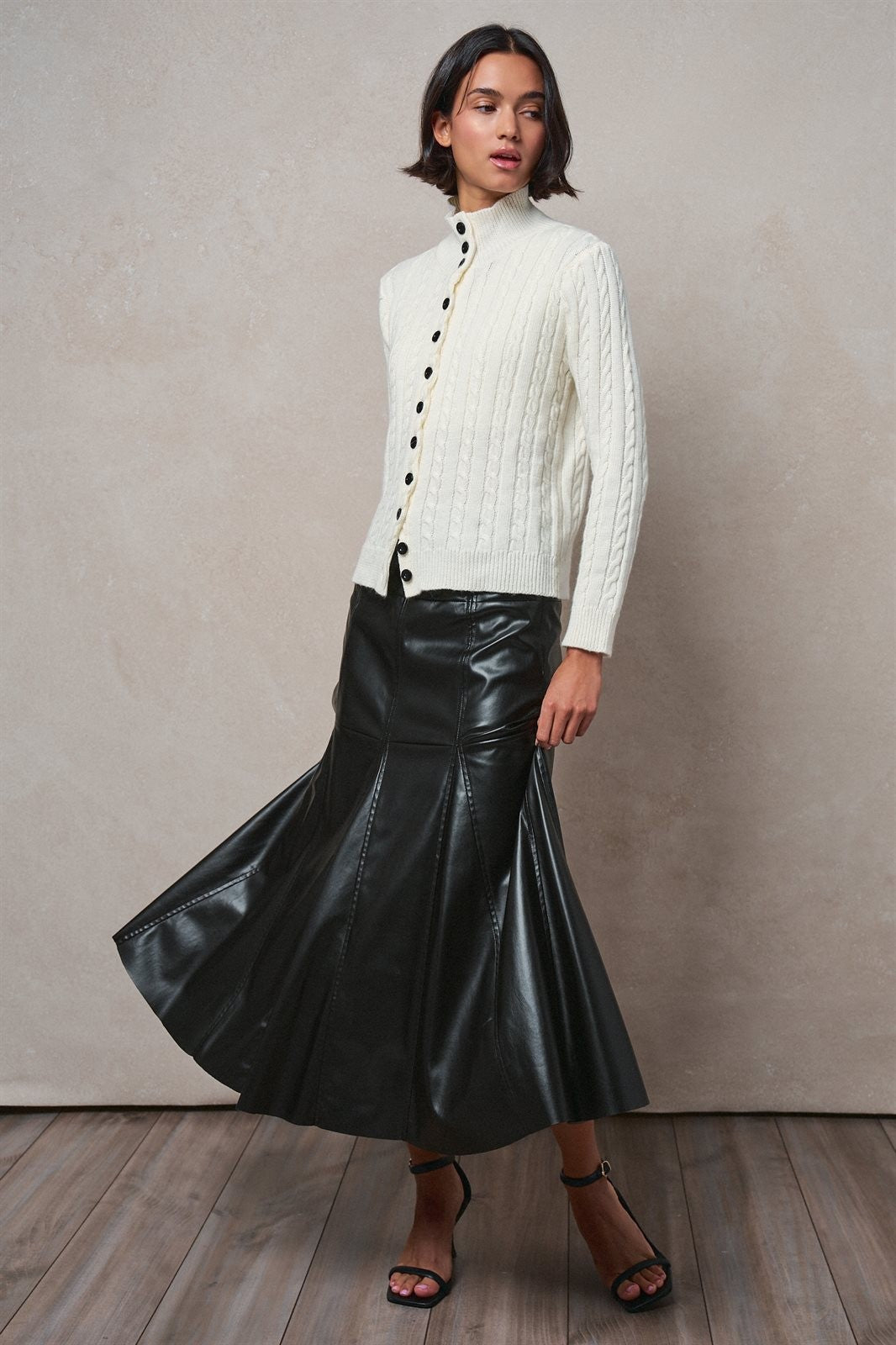 Faux Leather Paneled Flare Midi Skirt in Black - Women's Midi Skirts | Urban Daizy