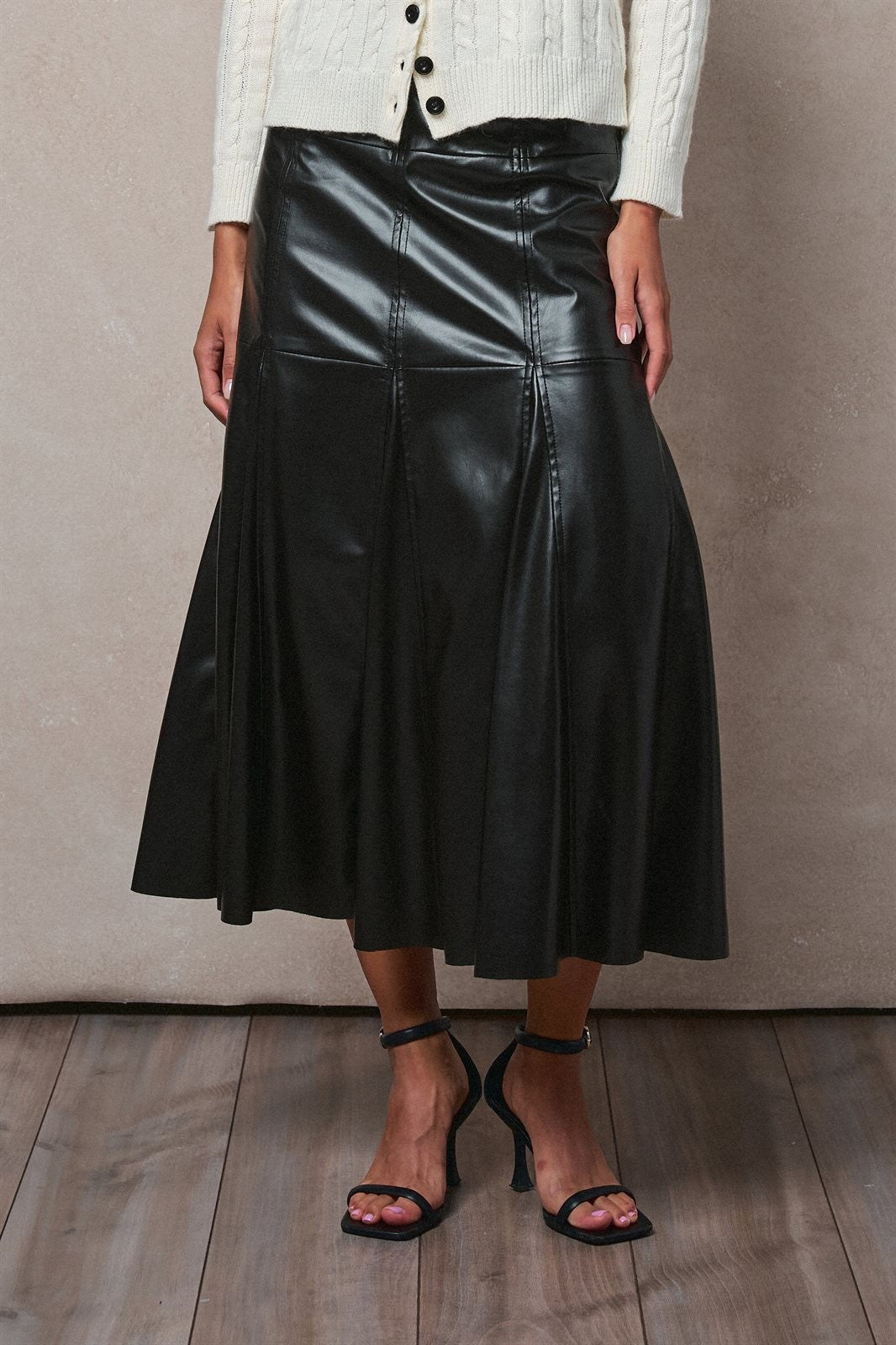 Faux Leather Paneled Flare Midi Skirt in Black - Women's Midi Skirts | Urban Daizy