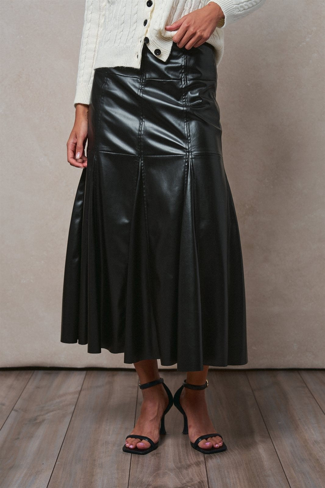 Faux Leather Paneled Flare Midi Skirt in Black - Women's Midi Skirts | Urban Daizy