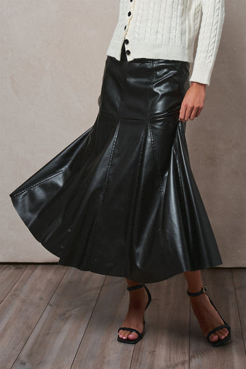 Faux Leather Paneled Flare Midi Skirt