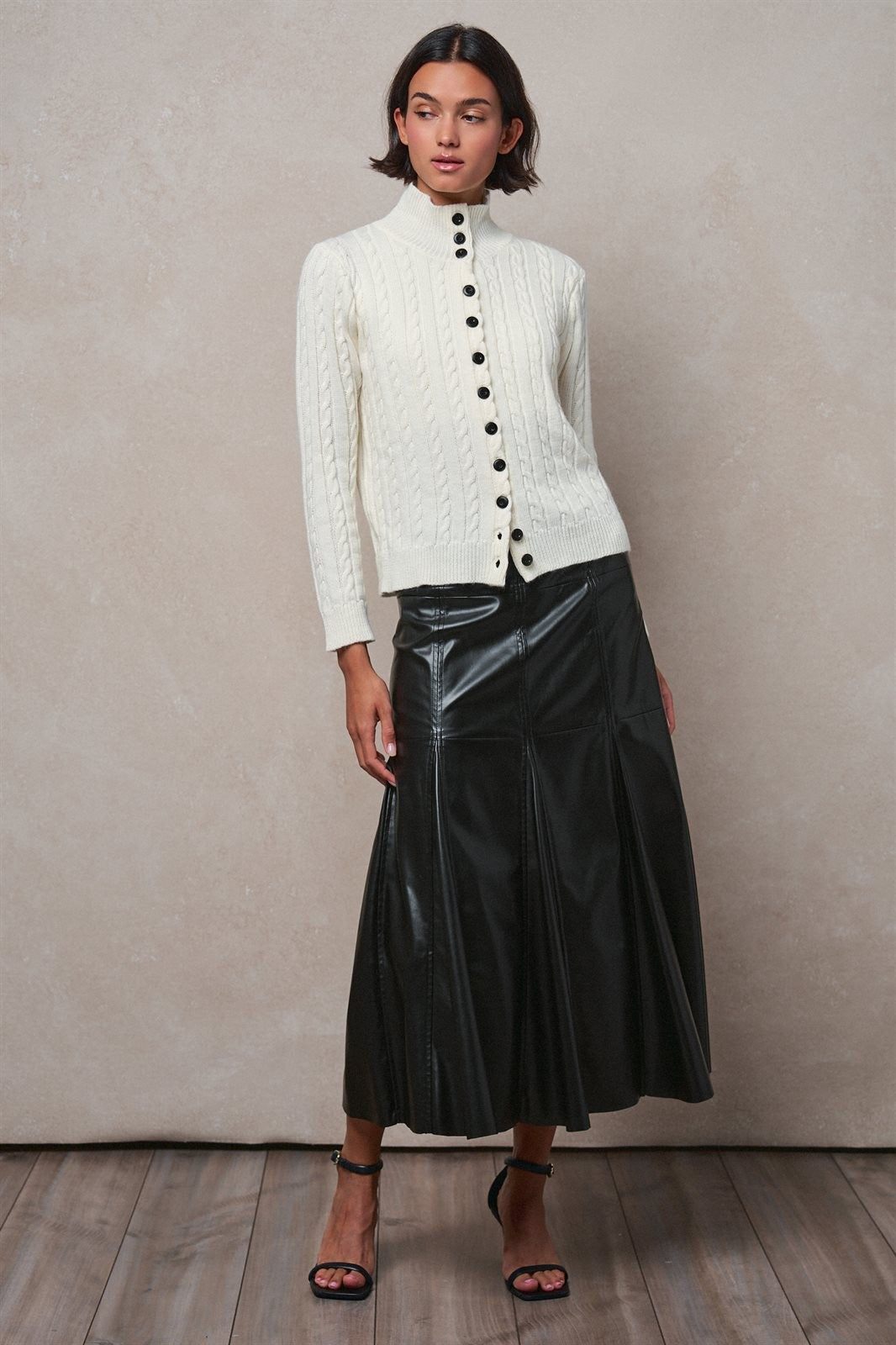 Faux Leather Paneled Flare Midi Skirt in Black - Women's Midi Skirts | Urban Daizy