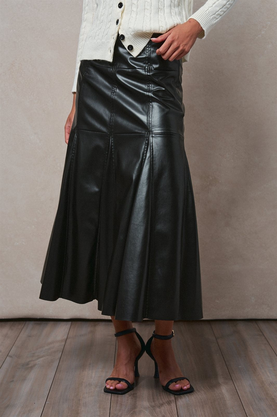 Faux Leather Paneled Flare Midi Skirt in Black - Women's Midi Skirts | Urban Daizy