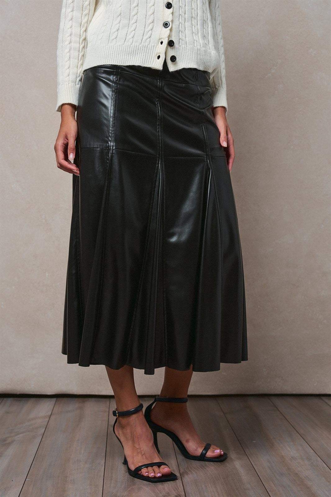 Faux Leather Paneled Flare Midi Skirt in Black - Women's Midi Skirts | Urban Daizy