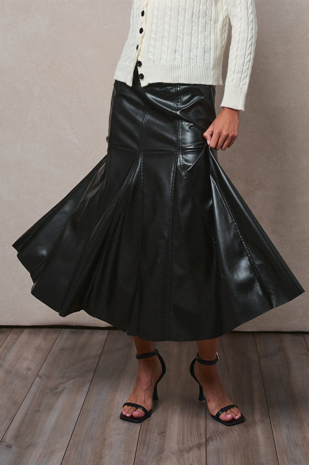 Faux Leather Paneled Flare Midi Skirt in Black - Women's Midi Skirts | Urban Daizy